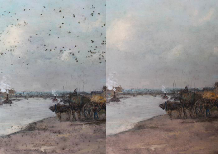 Before and after image of a restored pastel